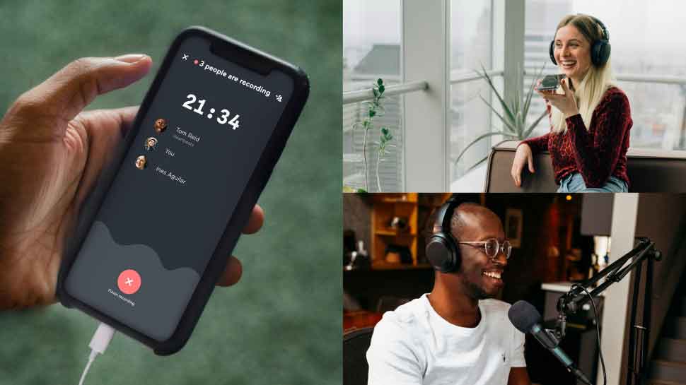 An image showing the Anchor recording tool on an iPhone, two images of people at different locations collaborating on a podcast